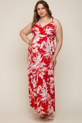 Red Floral Palm Print Wrap Maternity Plus Maxi Dress