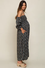 Black Floral Square Neck Smocked Long Sleeve Maternity Maxi Dress