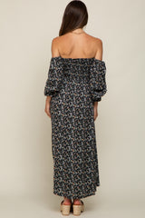 Black Floral Square Neck Smocked Long Sleeve Maternity Maxi Dress