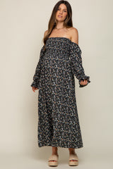 Black Floral Square Neck Smocked Long Sleeve Maternity Maxi Dress