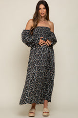 Black Floral Square Neck Smocked Long Sleeve Maternity Maxi Dress