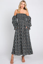 Black Floral Square Neck Smocked Long Sleeve Maxi Dress