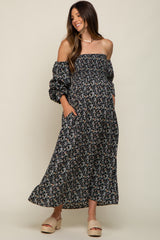 Black Floral Square Neck Smocked Long Sleeve Maternity Maxi Dress