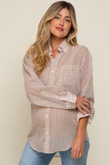 Beige Grid Print Semi Sheer Maternity Button Up Top