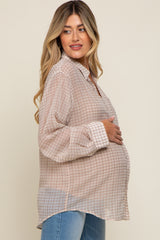 Beige Grid Print Semi Sheer Maternity Button Up Top