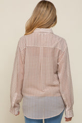 Beige Grid Print Semi Sheer Maternity Button Up Top