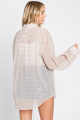 Beige Grid Print Semi Sheer Button Up Top