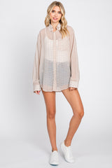 Beige Grid Print Semi Sheer Button Up Top