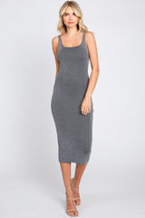 Grey Rib Knit Lace Up Back Maternity Midi Dress