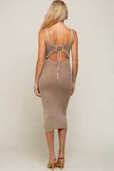 Beige Rib Knit Lace Up Back Maternity Midi Dress