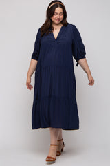 Navy Blue Striped Tiered Maternity Plus Midi Dress