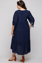 Navy Blue Striped Tiered Maternity Plus Midi Dress