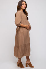 Camel Striped Tiered Maternity Midi Dress