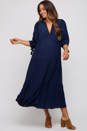 Navy Blue Striped Tiered Maternity Midi Dress