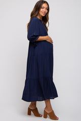 Navy Blue Striped Tiered Maternity Midi Dress