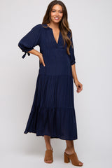 Navy Blue Striped Tiered Maternity Midi Dress