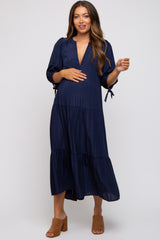 Navy Blue Striped Tiered Maternity Midi Dress