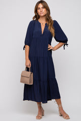 Navy Blue Striped Tiered Maternity Midi Dress