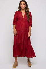 Burgundy Striped Tiered Maternity Midi Dress