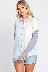 Blue Color Blocked Button Front Gauze Top