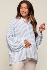 Light Blue Striped Button Up Dolman Sleeve Maternity Top