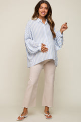 Light Blue Striped Button Up Dolman Sleeve Maternity Top