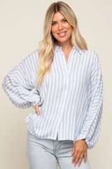 Light Blue Striped Button Up Dolman Sleeve Maternity Top