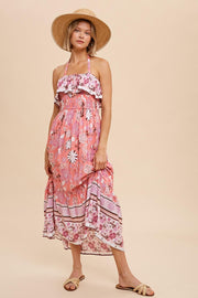 Pink Flounced Border Print Smocked Midi