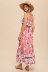 Pink Flounced Border Print Smocked Midi