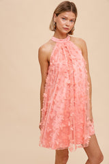 Pink Butterfly Applique Tie Neck Halter Dress