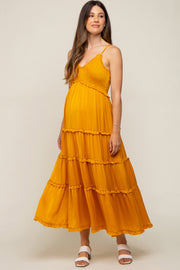 Yellow Gold Smocked Ruffle Tiered Maternity Maxi Dress