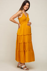 Yellow Gold Smocked Ruffle Tiered Maternity Maxi Dress