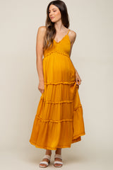 Yellow Gold Smocked Ruffle Tiered Maternity Maxi Dress