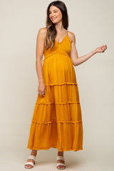 Yellow Gold Smocked Ruffle Tiered Maternity Maxi Dress