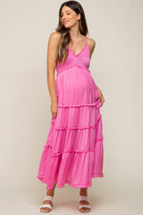 Pink Smocked Ruffle Tiered Maternity Maxi Dress