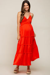 Red Orange Smocked Ruffle Tiered Maternity Maxi Dress