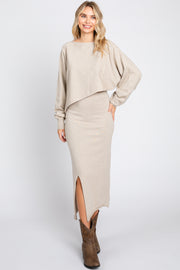 Beige Knit Long Sleeve Crop Top Midi Skirt Set