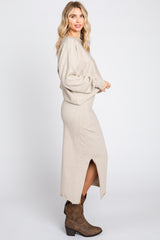 Beige Knit Long Sleeve Crop Top Midi Skirt Set