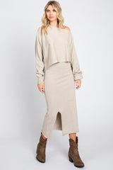 Beige Knit Long Sleeve Crop Top Midi Skirt Set