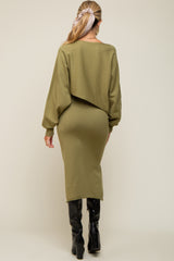 Olive Knit Long Sleeve Crop Top Maternity Midi Skirt Set