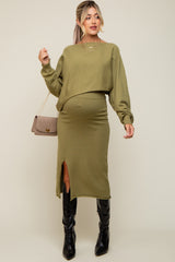 Olive Knit Long Sleeve Crop Top Maternity Midi Skirt Set