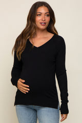 Black Fine Knit V-Neck Side Slit Maternity Top