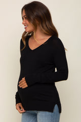 Black Fine Knit V-Neck Side Slit Maternity Top