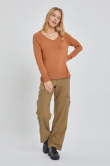 Camel Fine Knit V-Neck Side Slit Top