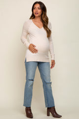 Beige Fine Knit V-Neck Side Slit Maternity Top