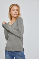 Olive Fine Knit V-Neck Side Slit Maternity Top