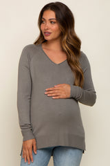 Olive Fine Knit V-Neck Side Slit Maternity Top