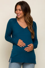 Teal Fine Knit V-Neck Side Slit Maternity Top