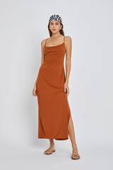 Rust Draped Neck Side Slit Maternity Maxi Dress