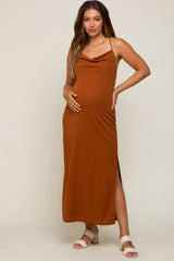 Rust Draped Neck Side Slit Maternity Maxi Dress